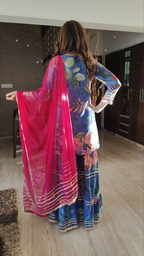 Pink Blue Embroidery Sharara Set